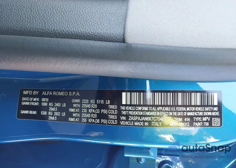 2019 Alfa Romeo Stelvio Rwd из США, поврежденный, VIN ZASPAJAN6K7C70461